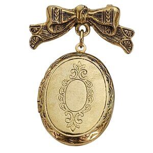 1928 Brand Gold Tone Locket Dangle Brooch Bow Bar Pin L633